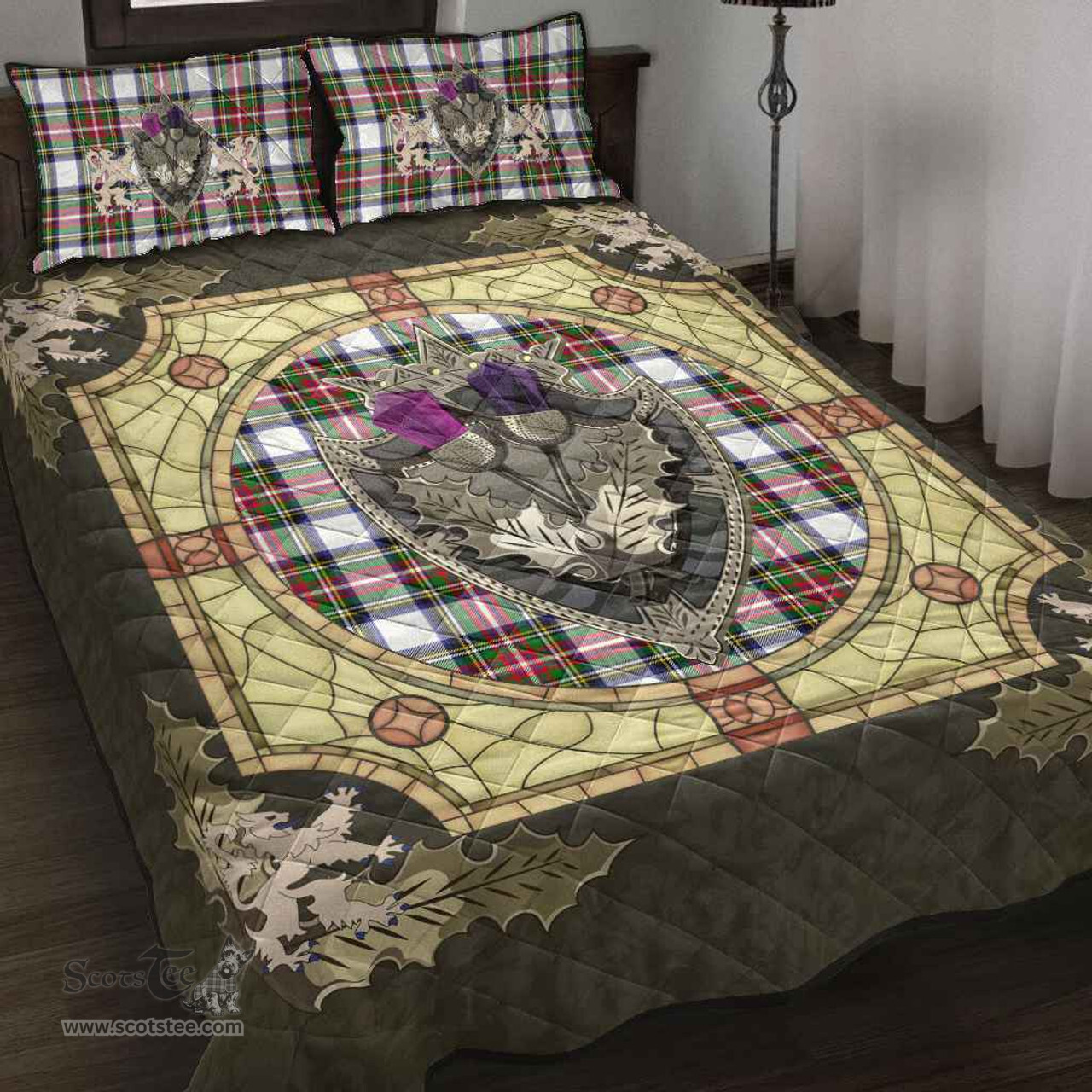 Scottish Stewart Dress Modern Clan Tartan Quilt Bed Set - Crystal Thistle Shield