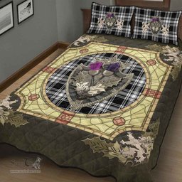 Scottish Menzies Black & White Modern Clan Tartan Quilt Bed Set - Crystal Thistle Shield