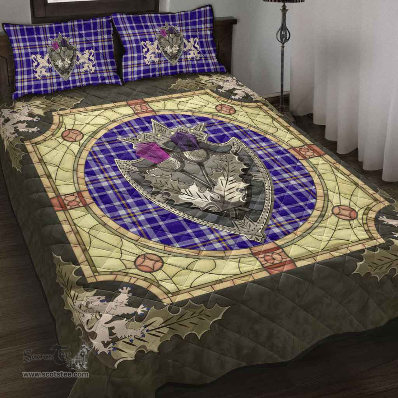 Scottish Ochterlony Clan Tartan Quilt Bed Set - Crystal Thistle Shield