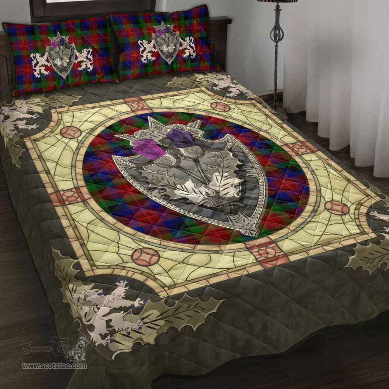 Scottish Tennant Clan Tartan Quilt Bed Set - Crystal Thistle Shield
