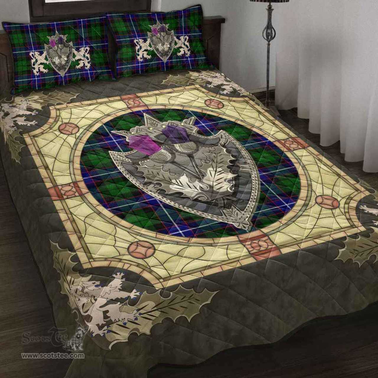 Scottish Russell Modern Clan Tartan Quilt Bed Set - Crystal Thistle Shield