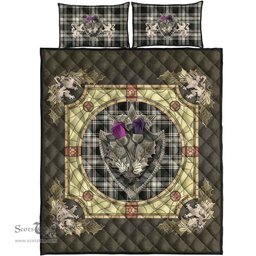 Scottish Menzies Black & White Ancient Clan Tartan Quilt Bed Set - Crystal Thistle Shield