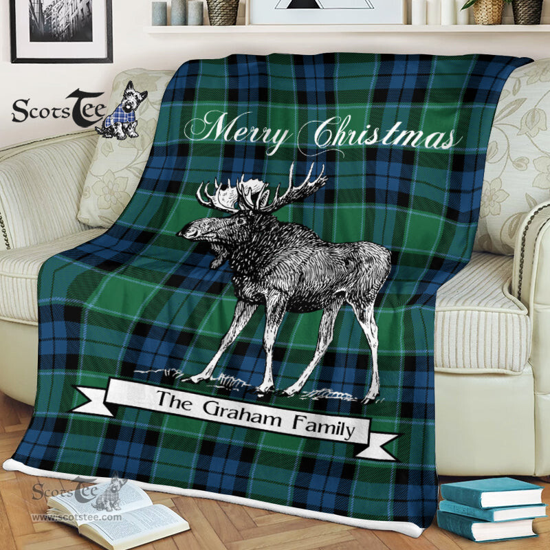 Scotstee Shop - Scotstee Shop Tartan Plaid Fleece Blankets With Moose Clan Graham Of Menteith Ancient Tartan Plaid Christmas Blanket