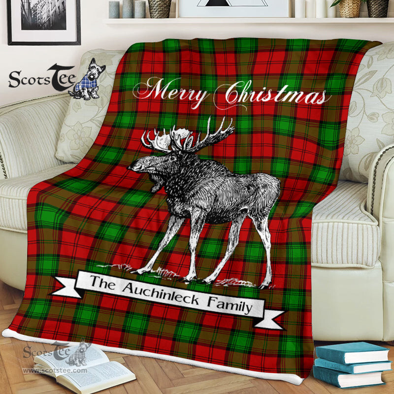 Scotstee Shop - Scotstee Shop Tartan Plaid Fleece Blankets With Moose Clan Auchinleck Tartan Plaid Christmas Blanket
