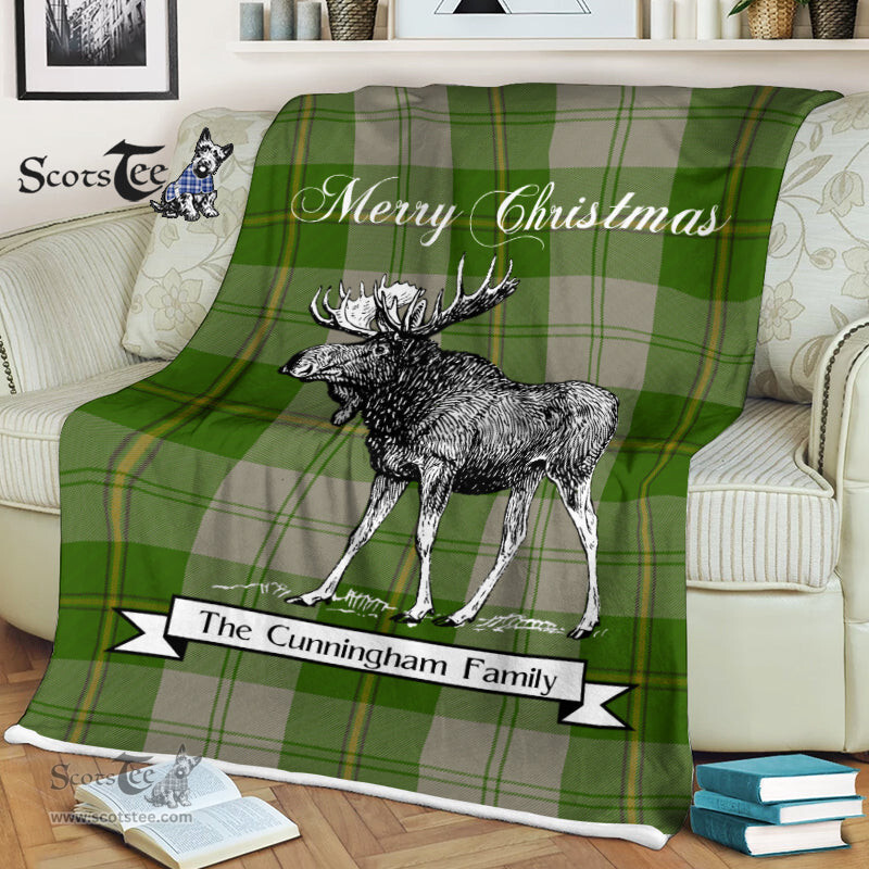 Scotstee Shop - Scotstee Shop Tartan Plaid Fleece Blankets With Moose Clan Cunningham Dress Green Dancers Tartan Plaid Christmas Blanket