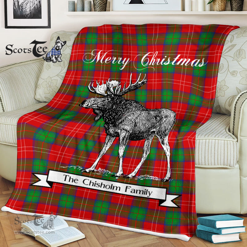 Scotstee Shop - Scotstee Shop Tartan Plaid Fleece Blankets With Moose Clan Chisholm Tartan Plaid Christmas Blanket