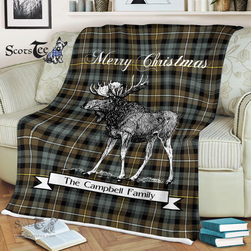Scotstee Shop - Scotstee Shop Tartan Plaid Fleece Blankets With Moose Clan Campbell Argyll Weathered Tartan Plaid Christmas Blanket