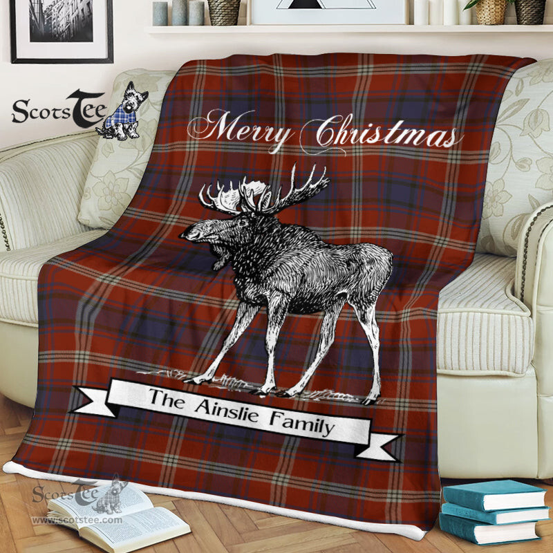 Scotstee Shop - Scotstee Shop Tartan Plaid Fleece Blankets With Moose Clan Ainslie Tartan Plaid Christmas Blanket