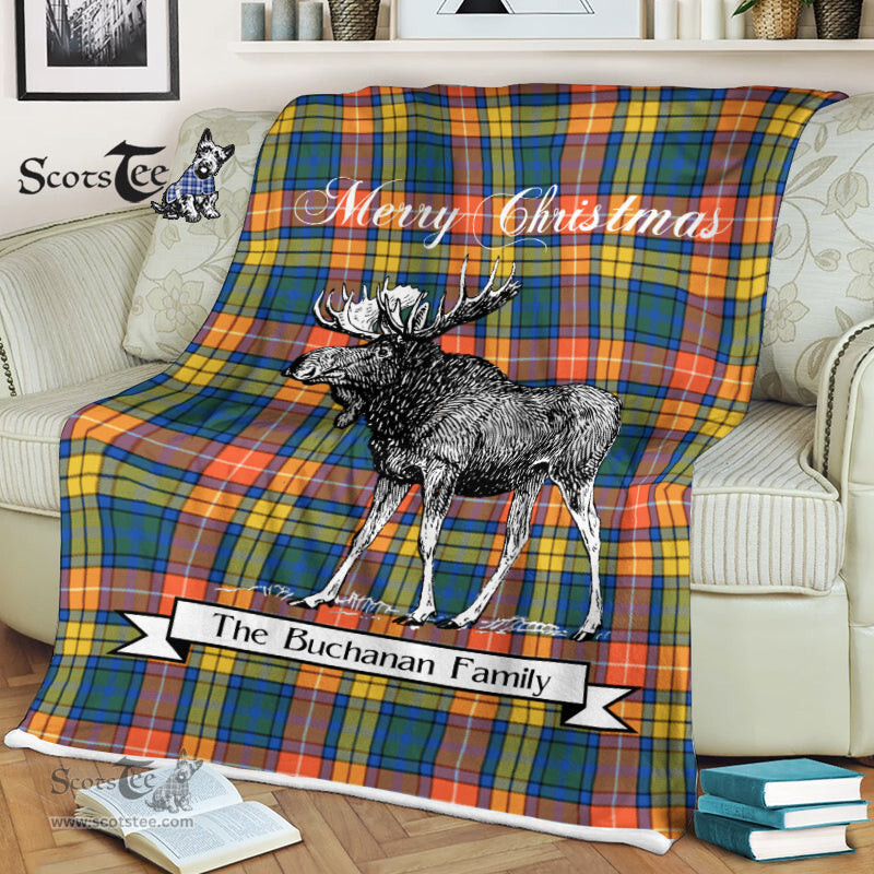 Scotstee Shop - Scotstee Shop Tartan Plaid Fleece Blankets With Moose Clan Buchanan Ancient Tartan Plaid Christmas Blanket