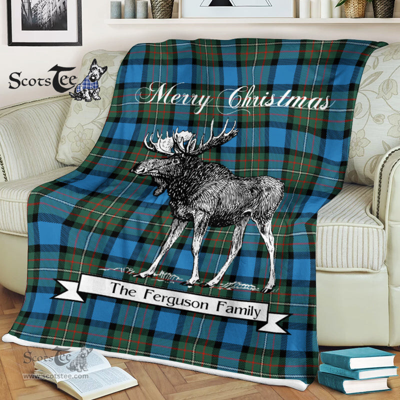Scotstee Shop - Scotstee Shop Tartan Plaid Fleece Blankets With Moose Clan Ferguson Ancient Tartan Plaid Christmas Blanket