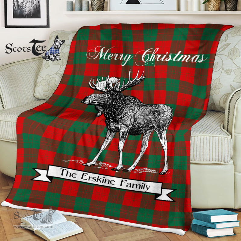 Scotstee Shop - Scotstee Shop Tartan Plaid Fleece Blankets With Moose Clan Erskine Tartan Plaid Christmas Blanket