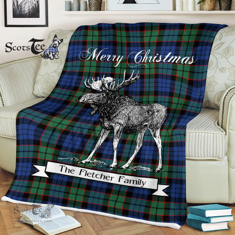 Scotstee Shop - Scotstee Shop Tartan Plaid Fleece Blankets With Moose Clan Fletcher Tartan Plaid Christmas Blanket
