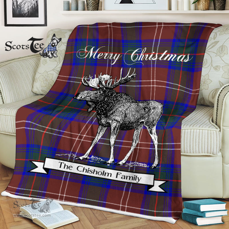 Scotstee Shop - Scotstee Shop Tartan Plaid Fleece Blankets With Moose Clan Chisholm Hunting Modern Tartan Plaid Christmas Blanket