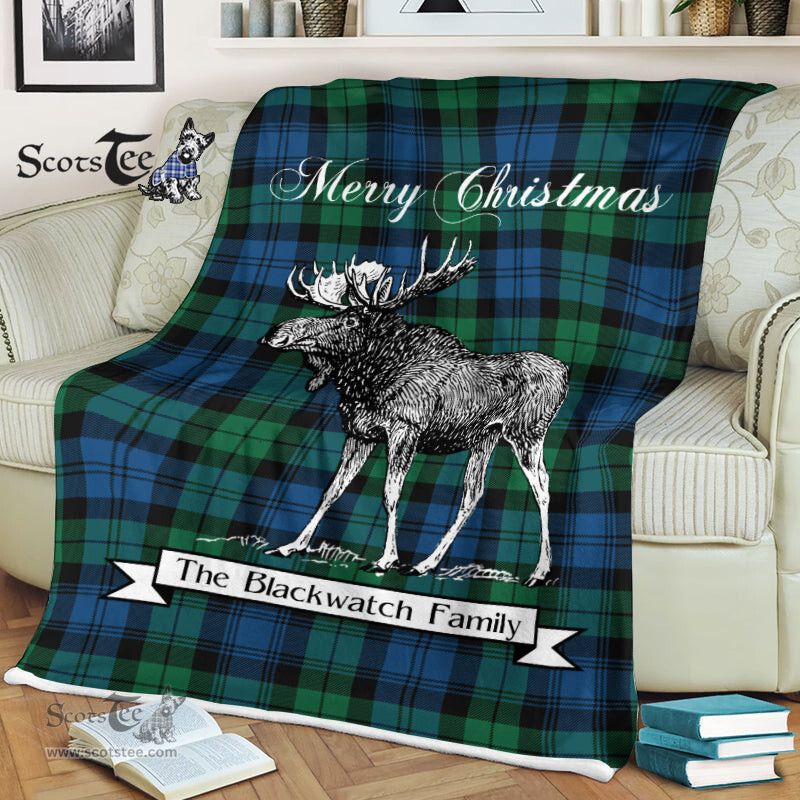 Scotstee Shop - Scotstee Shop Tartan Plaid Fleece Blankets With Moose Clan Blackwatch Ancient Tartan Plaid Christmas Blanket