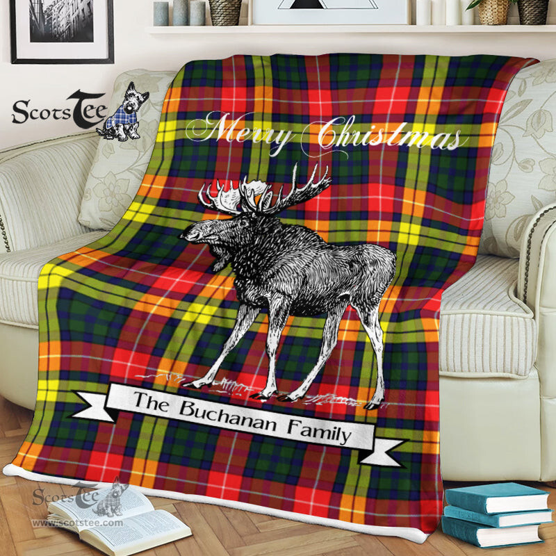 Scotstee Shop - Scotstee Shop Tartan Plaid Fleece Blankets With Moose Clan Buchanan Modern Tartan Plaid Christmas Blanket