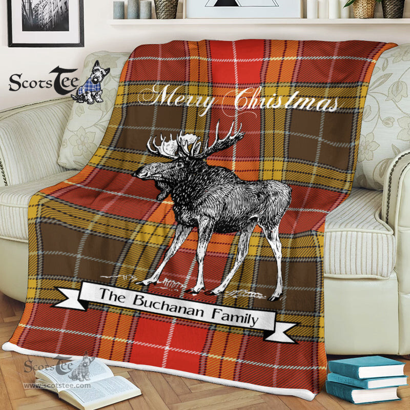 Scotstee Shop - Scotstee Shop Tartan Plaid Fleece Blankets With Moose Clan Buchanan Old Set Weathered Tartan Plaid Christmas Blanket