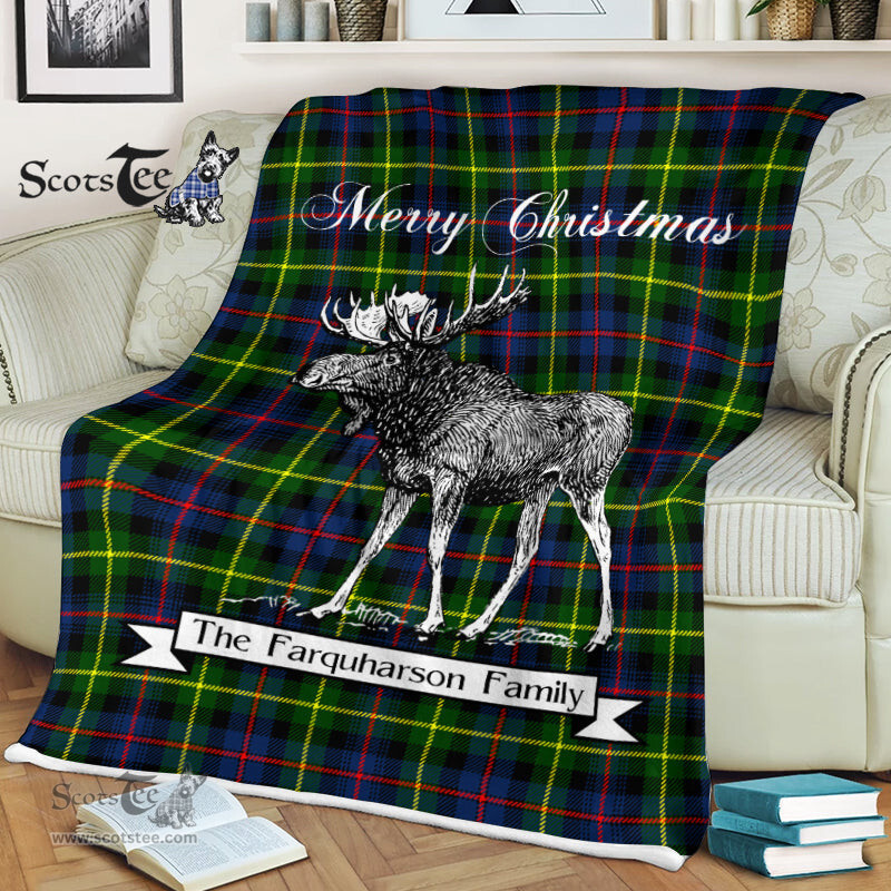 Scotstee Shop - Scotstee Shop Tartan Plaid Fleece Blankets With Moose Clan Farquharson Modern Tartan Plaid Christmas Blanket