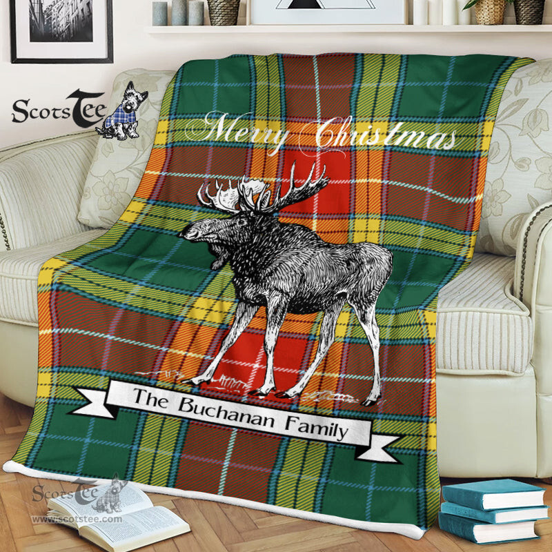 Scotstee Shop - Scotstee Shop Tartan Plaid Fleece Blankets With Moose Clan Buchanan Old Set Tartan Plaid Christmas Blanket