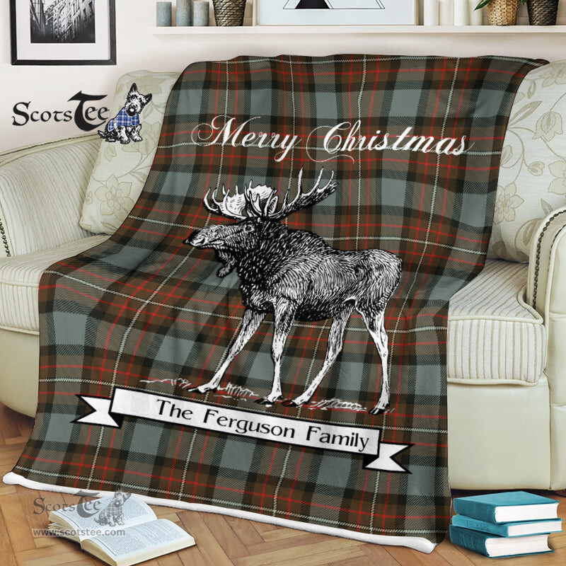 Scotstee Shop - Scotstee Shop Tartan Plaid Fleece Blankets With Moose Clan Ferguson Weathered Tartan Plaid Christmas Blanket