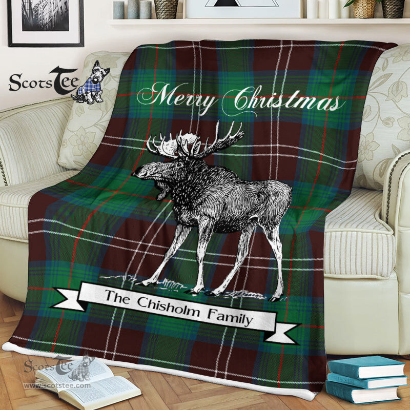 Scotstee Shop - Scotstee Shop Tartan Plaid Fleece Blankets With Moose Clan Chisholm Hunting Ancient Tartan Plaid Christmas Blanket