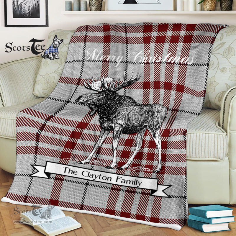 Scotstee Shop - Scotstee Shop Tartan Plaid Fleece Blankets With Moose Clan Clayton Tartan Plaid Christmas Blanket