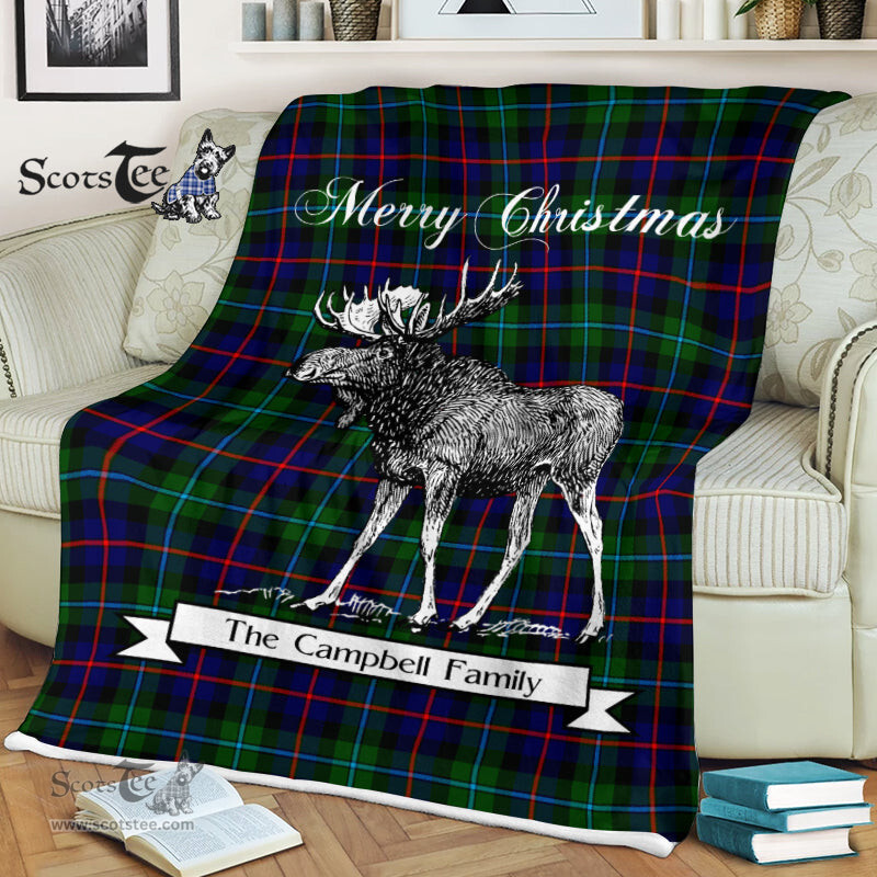 Scotstee Shop - Scotstee Shop Tartan Plaid Fleece Blankets With Moose Clan Campbell Of Cawdor Modern Tartan Plaid Christmas Blanket