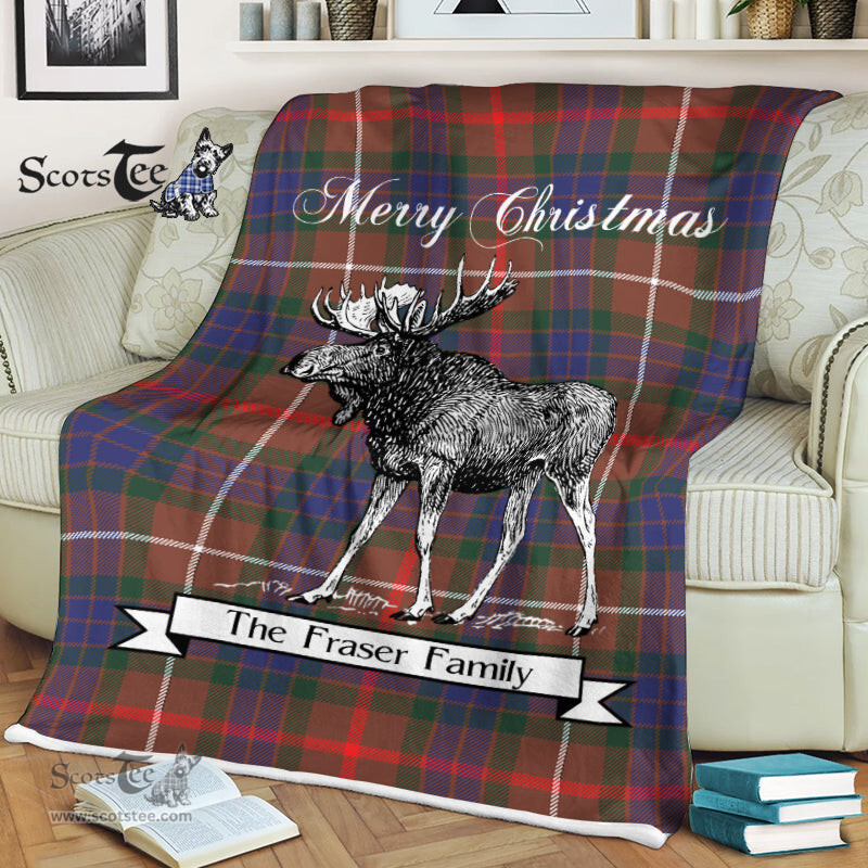 Scotstee Shop - Scotstee Shop Tartan Plaid Fleece Blankets With Moose Clan Fraser Hunting Modern Tartan Plaid Christmas Blanket