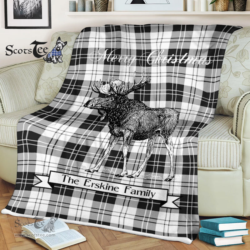 Scotstee Shop - Scotstee Shop Tartan Plaid Fleece Blankets With Moose Clan Erskine Black And White Tartan Plaid Christmas Blanket