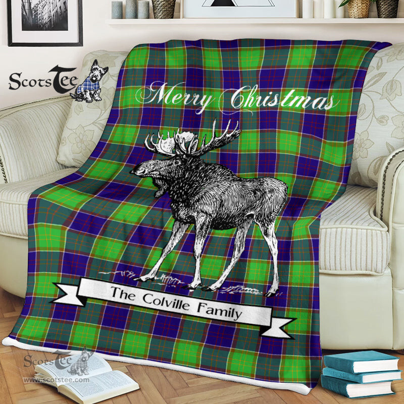 Scotstee Shop - Scotstee Shop Tartan Plaid Fleece Blankets With Moose Clan Colville Tartan Plaid Christmas Blanket