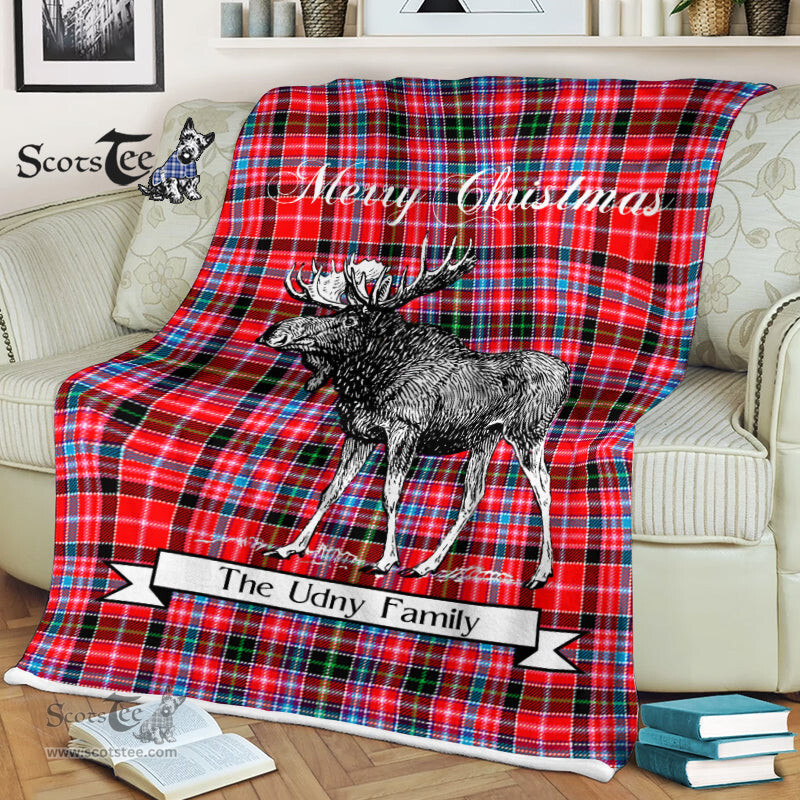 Scotstee Shop - Scotstee Shop Tartan Plaid Fleece Blankets With Moose Clan Udny Tartan Plaid Christmas Blanket