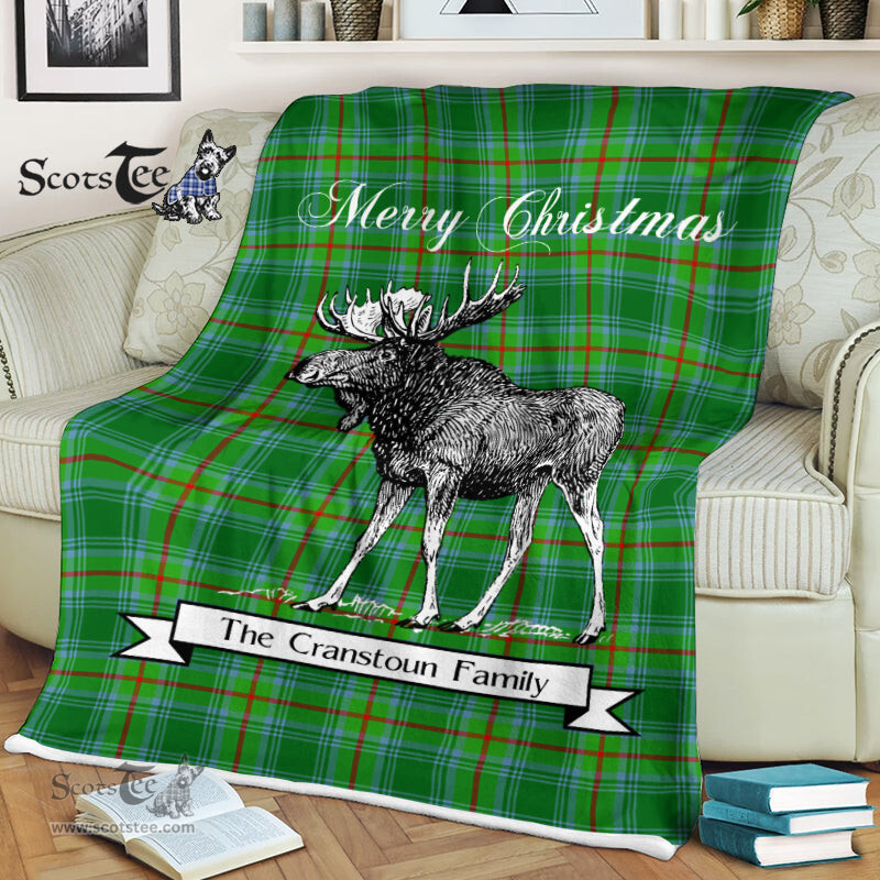 Scotstee Shop - Scotstee Shop Tartan Plaid Fleece Blankets With Moose Clan Cranstoun Ancient Tartan Plaid Christmas Blanket