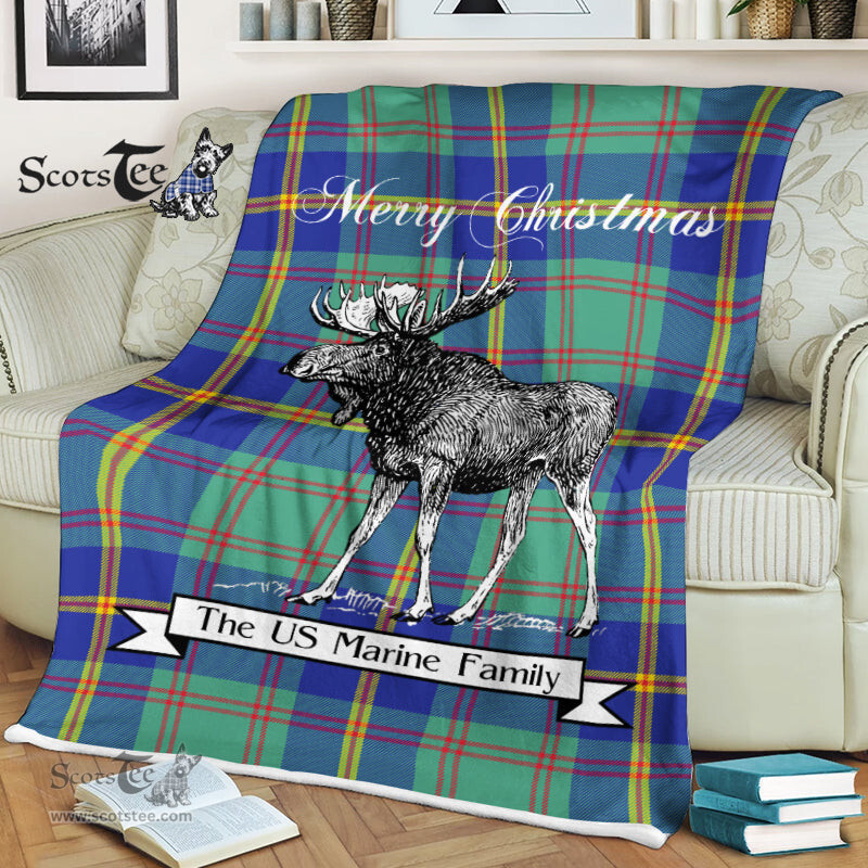 Scotstee Shop - Scotstee Shop Tartan Plaid Fleece Blankets With Moose Clan US Marine Tartan Plaid Christmas Blanket