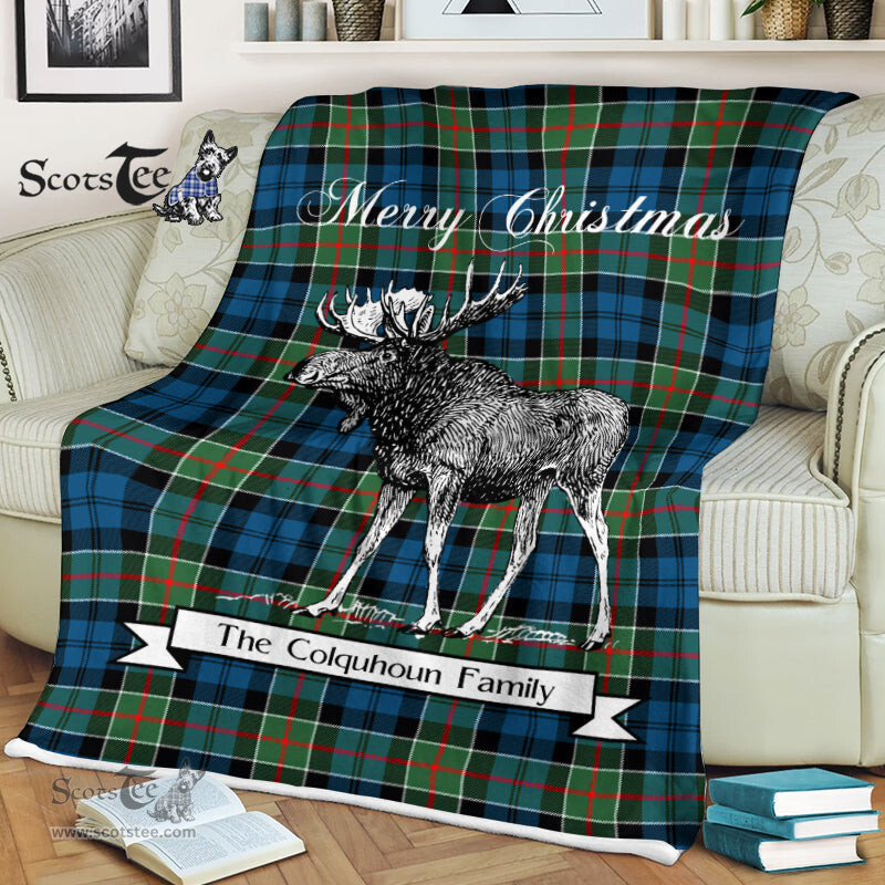 Scotstee Shop - Scotstee Shop Tartan Plaid Fleece Blankets With Moose Clan Colquhoun Ancient Tartan Plaid Christmas Blanket