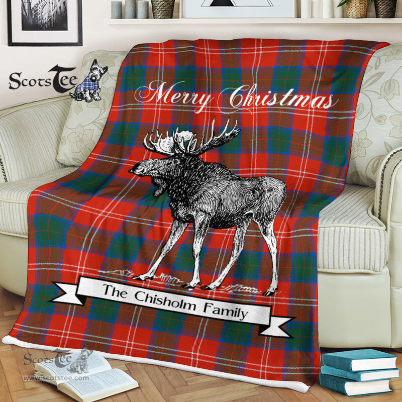 Scotstee Shop - Scotstee Shop Tartan Plaid Fleece Blankets With Moose Clan Chisholm Ancient Tartan Plaid Christmas Blanket
