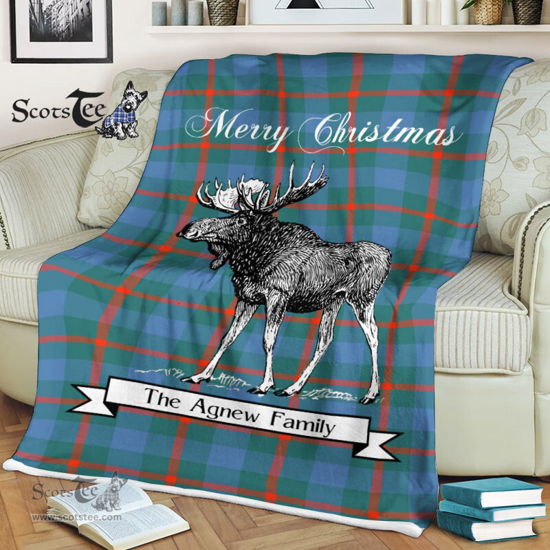 Scotstee Shop - Scotstee Shop Tartan Plaid Fleece Blankets With Moose Clan Agnew Tartan Plaid Christmas Blanket