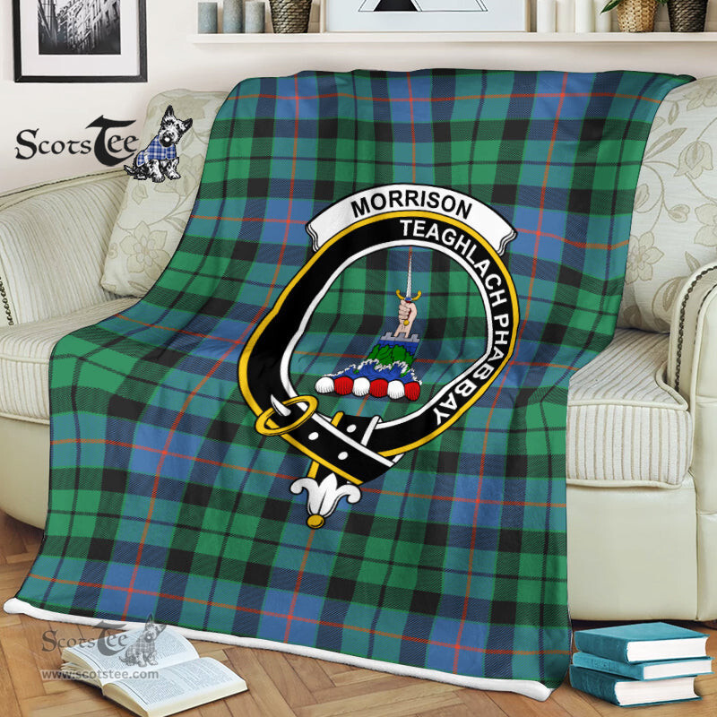 Scotstee Shop - Scotstee Shop Tartan Plaid Fleece Blankets Morrison Ancient Clan Crest Badge Tartan Fleece Blanket Scottish