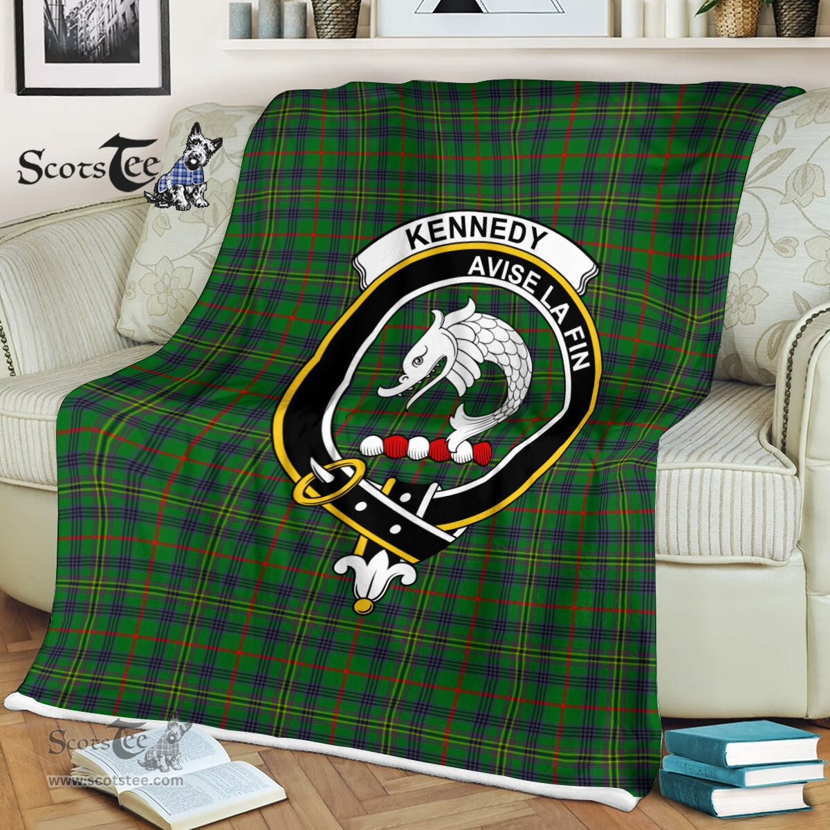 Plaid Blanket Kennedy Clan Crest Badge Tartan Blanket Scottish Green Plaid Throw Blanket Tartan Plaid Fleece Blanket