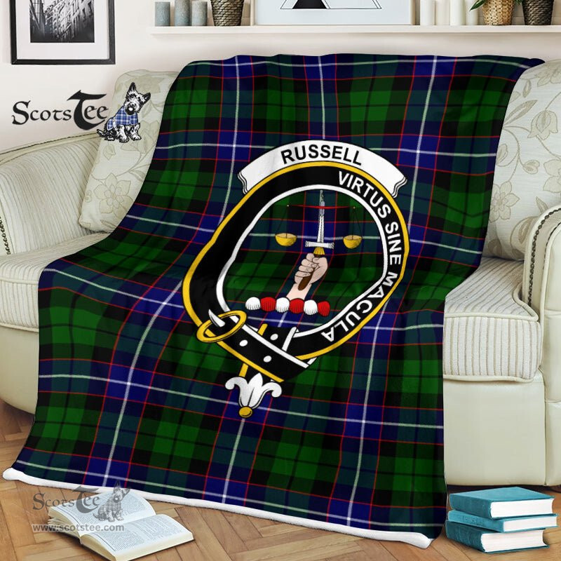 Plaid Blanket Russell Clan Crest Badge Tartan Blanket Scottish Plaid Throw Blanket Tartan Plaid Fleece Blanket