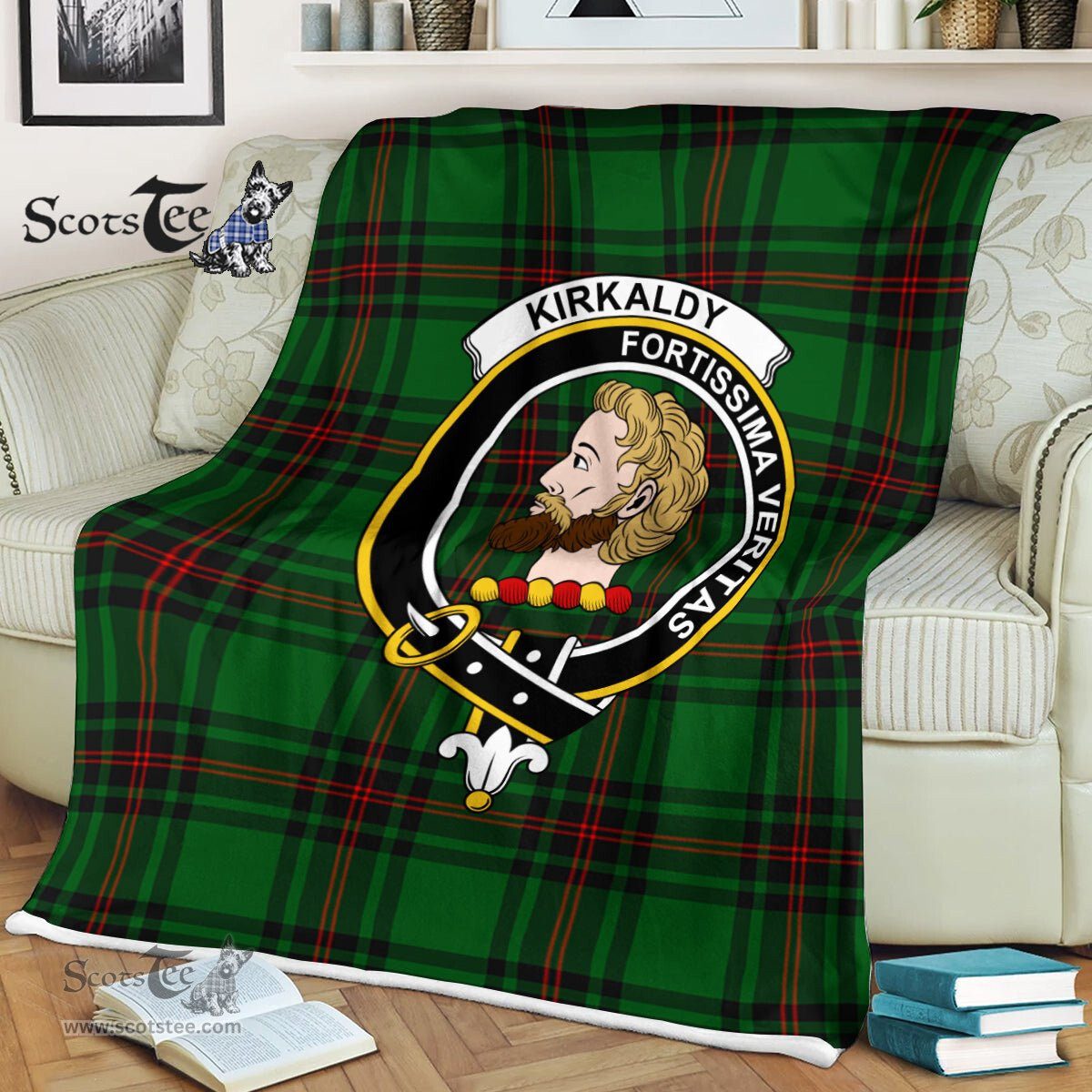Plaid Blanket Kirkcaldy Clan Crest Badge Tartan Blanket Scottish Green Plaid Throw Blanket Tartan Plaid Fleece Blanket