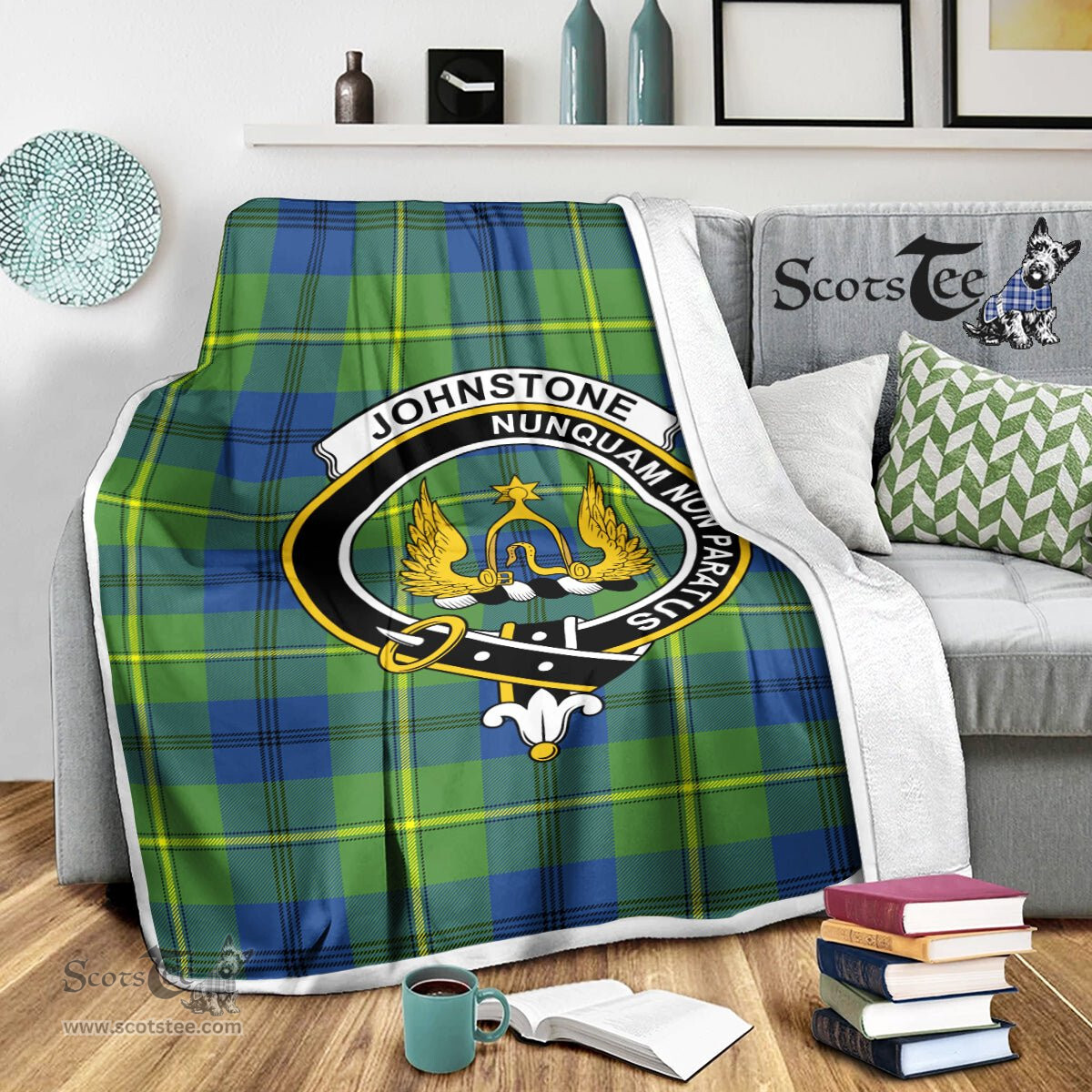 Plaid Blanket Johnston Ancient Clan Crest Badge Tartan Blanket Scottish Green Plaid Throw Blanket Tartan Plaid Fleece Blanket