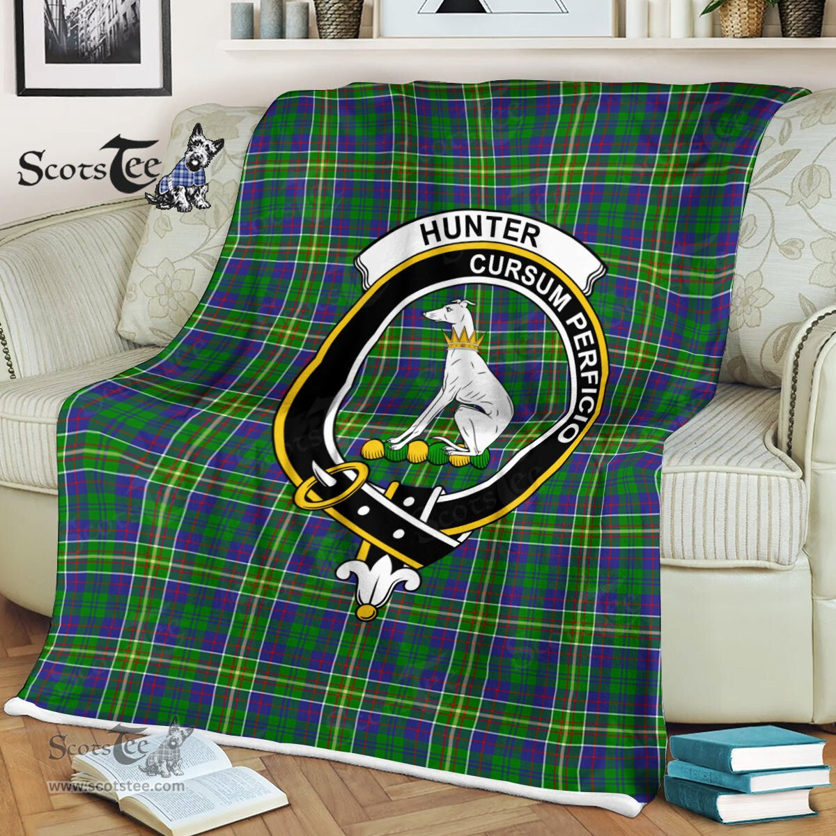 Plaid Blanket Hunter Of Hunterston Clan Crest Badge Tartan Blanket Scottish Green Plaid Throw Blanket - Scotstee Shop