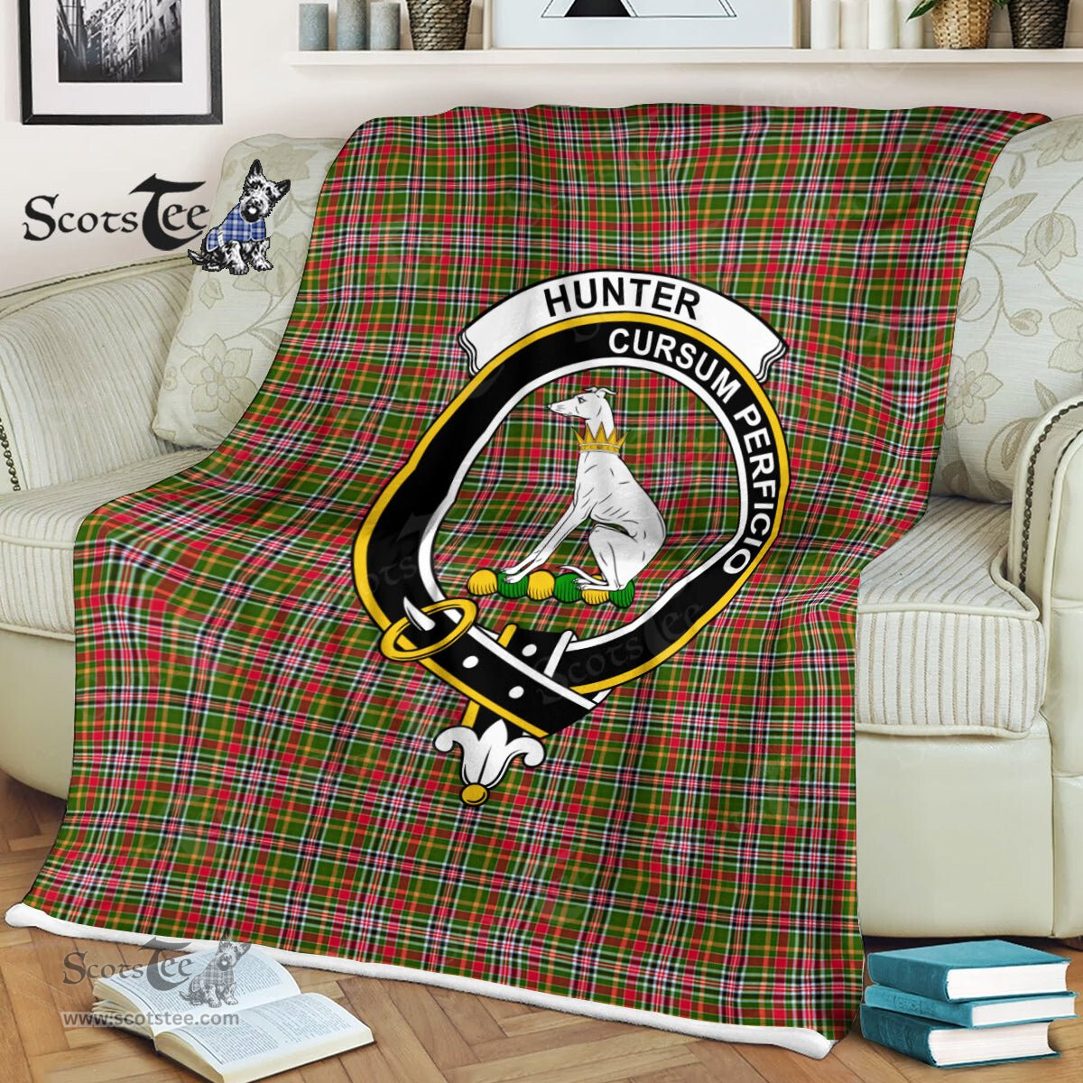 Plaid Blanket Hunter 1819 Clan Crest Badge Tartan Blanket Scottish Green Plaid Throw Blanket Tartan Plaid Fleece Blanket