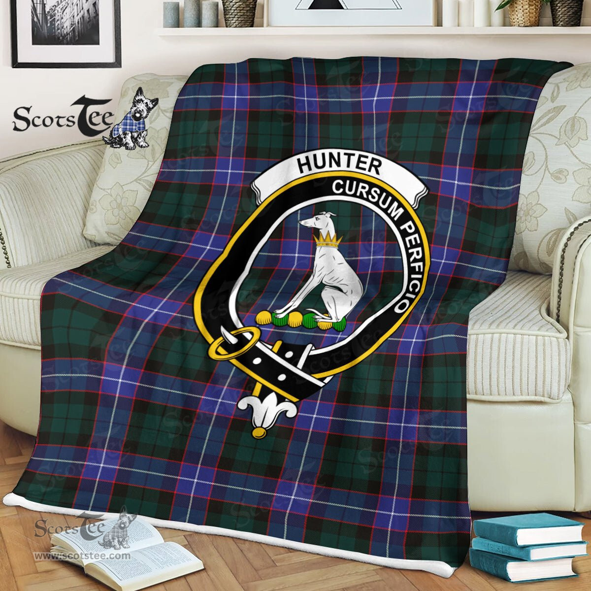 Plaid Blanket Hunter Modern Clan Crest Badge Tartan Blanket Scottish Green Plaid Throw Blanket Tartan Plaid Fleece Blanket