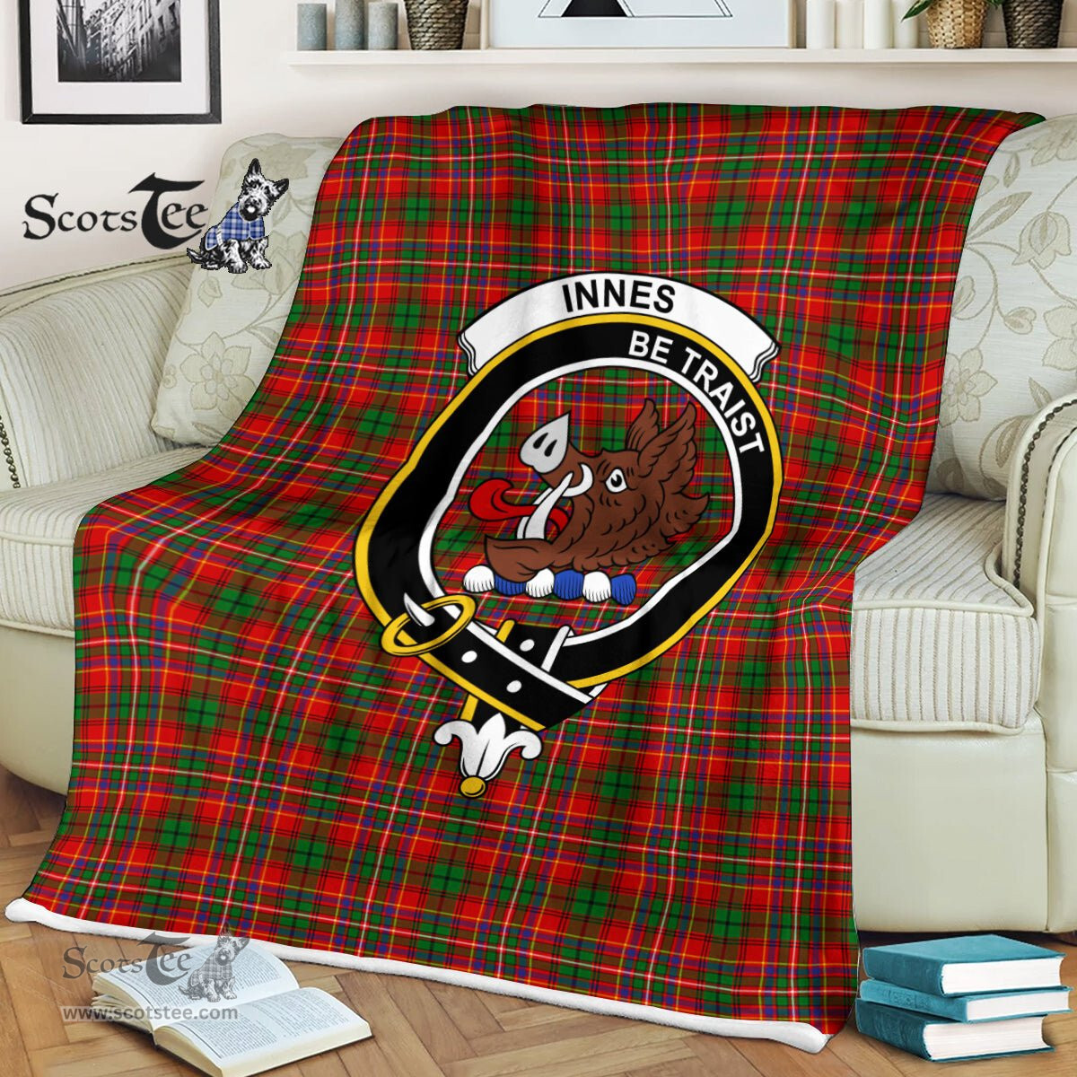 Plaid Blanket Innes Clan Crest Badge Tartan Blanket Scottish Green Plaid Throw Blanket Tartan Plaid Fleece Blanket