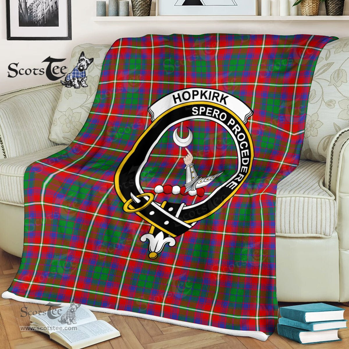 Plaid Blanket Hopkirk Clan Crest Badge Tartan Blanket Scottish Green Plaid Throw Blanket Tartan Plaid Fleece Blanket