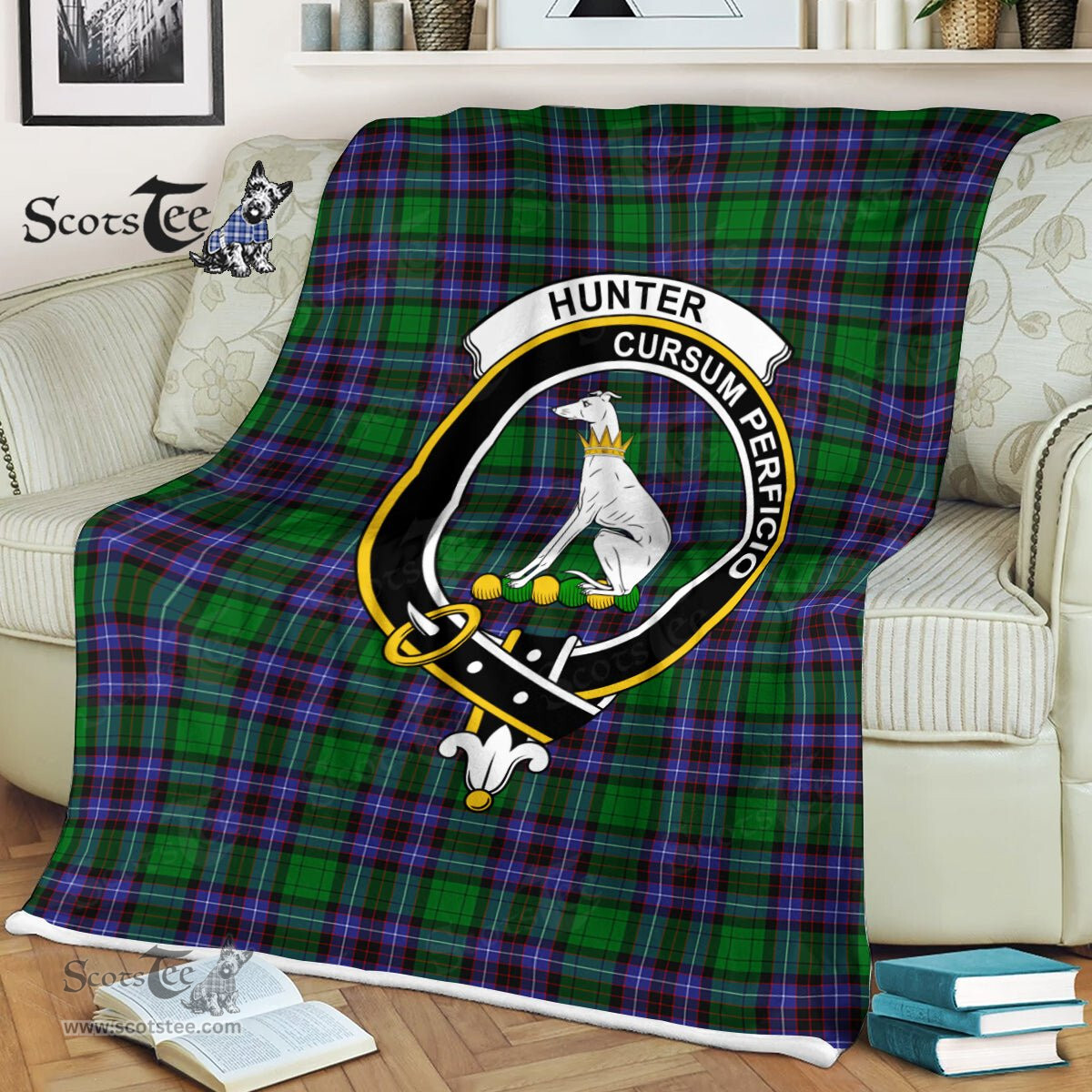 Plaid Blanket Hunter Of Peeblesshire Clan Crest Badge Tartan Blanket Scottish Green Plaid Throw Blanket - Scotstee Shop