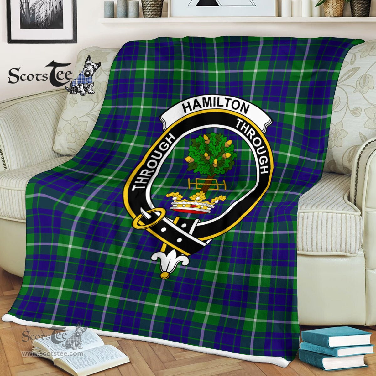Hamilton Fleece Blanket Plaid Blanket Hamilton Hunting Clan Crest Badge Tartan Blanket Scottish Plaid Fleece Blanket