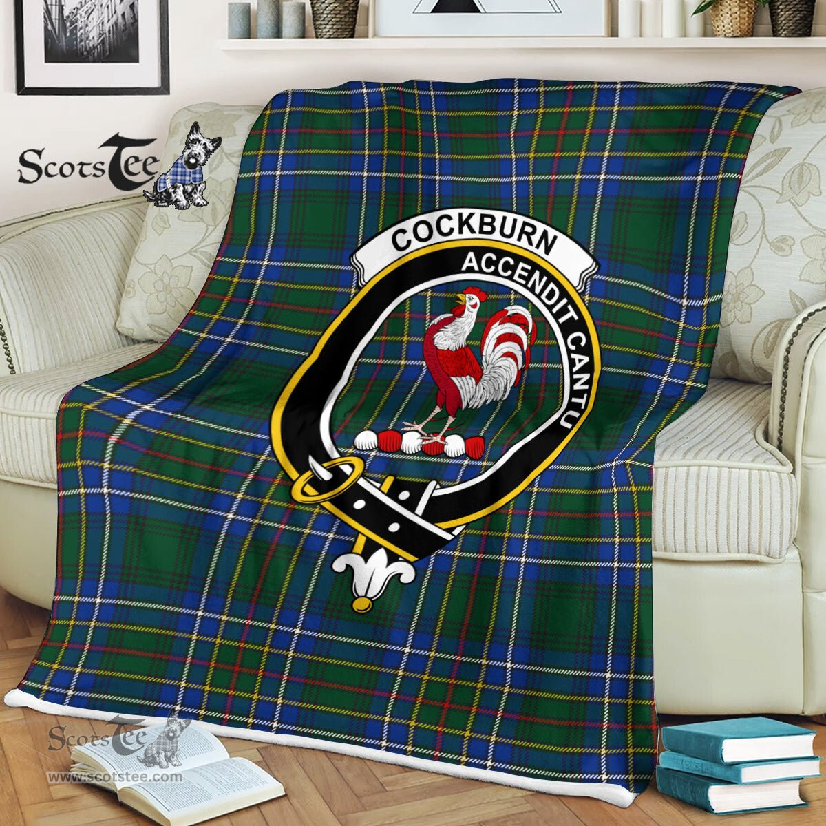Plaid Blanket Cockburn Ancient Crest Badge Tartan Blanket Scottish Green Plaid Throw Blanket Tartan Plaid Fleece Blanket - Scotstee Shop