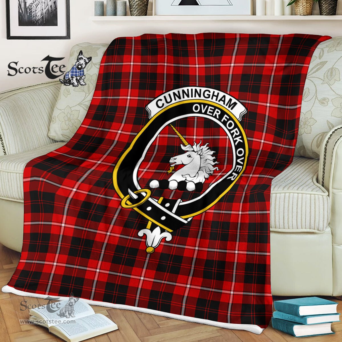 Plaid Blanket Cunningham Clan Crest Badge Tartan Blanket Scottish Green Plaid Throw Blanket Tartan Plaid Fleece Blanket