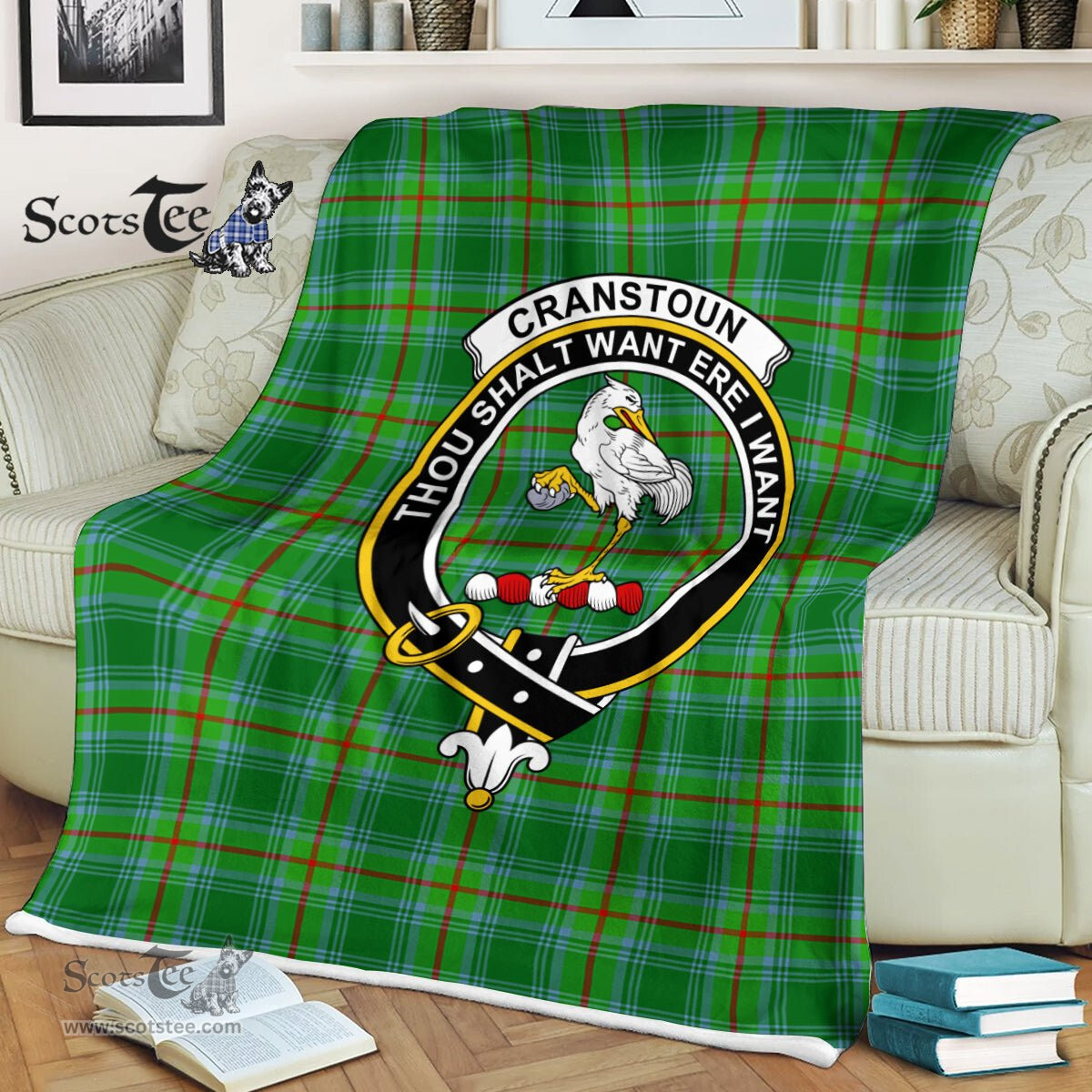 Plaid Blanket Cranstoun Ancient Clan Crest Badge Tartan Blanket Scottish Green Plaid Throw Blanket - Scotstee Shop
